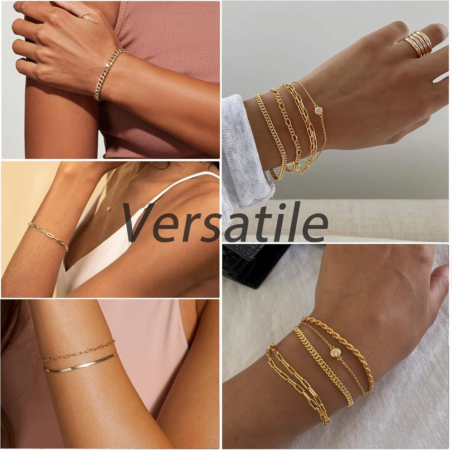 DEARMAY Waterproof Gold Bracelets Set for Women Trendy, Dainty 14K Real Gold Plated Jewelry Fashion Stackable Tennis Beaded Figaro Herringbone Paperclip Link Bracelet Pack Stack Gifts for Women