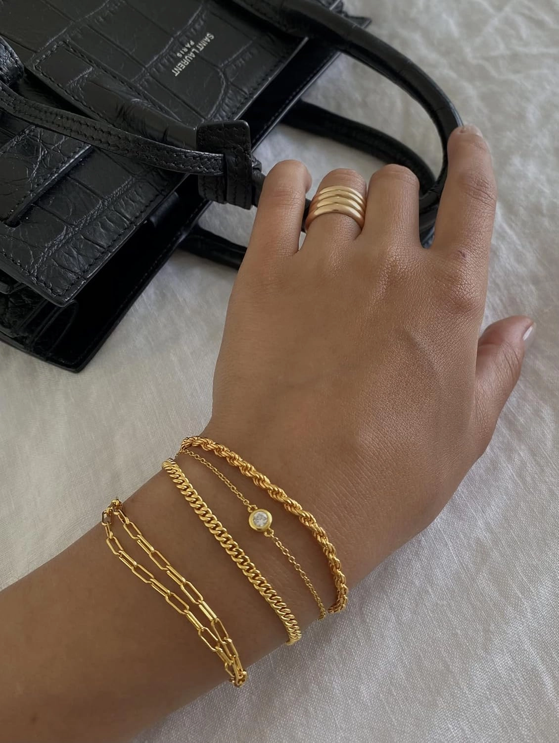 DEARMAY Waterproof Gold Bracelets Set for Women Trendy, Dainty 14K Real Gold Plated Jewelry Fashion Stackable Tennis Beaded Figaro Herringbone Paperclip Link Bracelet Pack Stack Gifts for Women