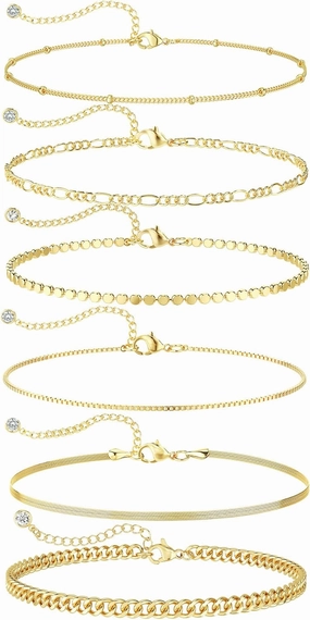 DEARMAY Waterproof Gold Bracelets Set for Women Trendy, Dainty 14K Real Gold Plated Jewelry Fashion Stackable Tennis Beaded Figaro Herringbone Paperclip Link Bracelet Pack Stack Gifts for Women