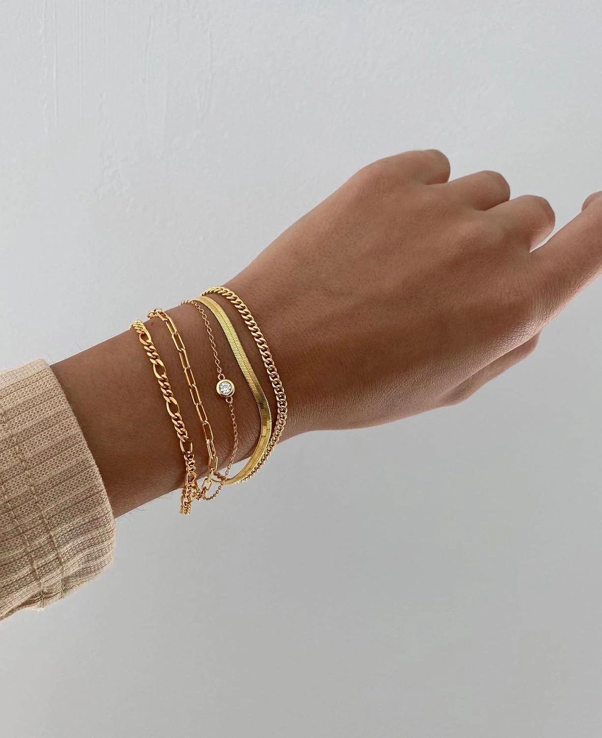 DEARMAY Waterproof Gold Bracelets Set for Women Trendy, Dainty 14K Real Gold Plated Jewelry Fashion Stackable Tennis Beaded Figaro Herringbone Paperclip Link Bracelet Pack Stack Gifts for Women