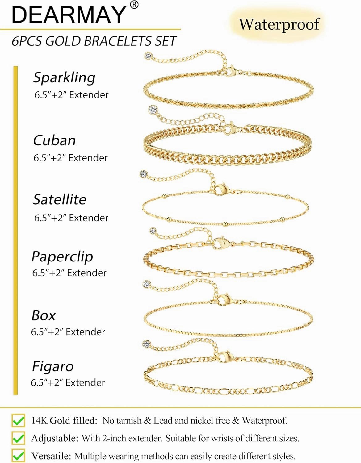 DEARMAY Waterproof Gold Bracelets Set for Women Trendy, Dainty 14K Real Gold Plated Jewelry Fashion Stackable Tennis Beaded Figaro Herringbone Paperclip Link Bracelet Pack Stack Gifts for Women