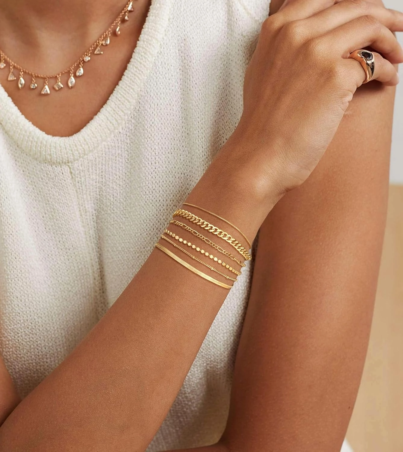 DEARMAY Waterproof Gold Bracelets Set for Women Trendy, Dainty 14K Real Gold Plated Jewelry Fashion Stackable Tennis Beaded Figaro Herringbone Paperclip Link Bracelet Pack Stack Gifts for Women