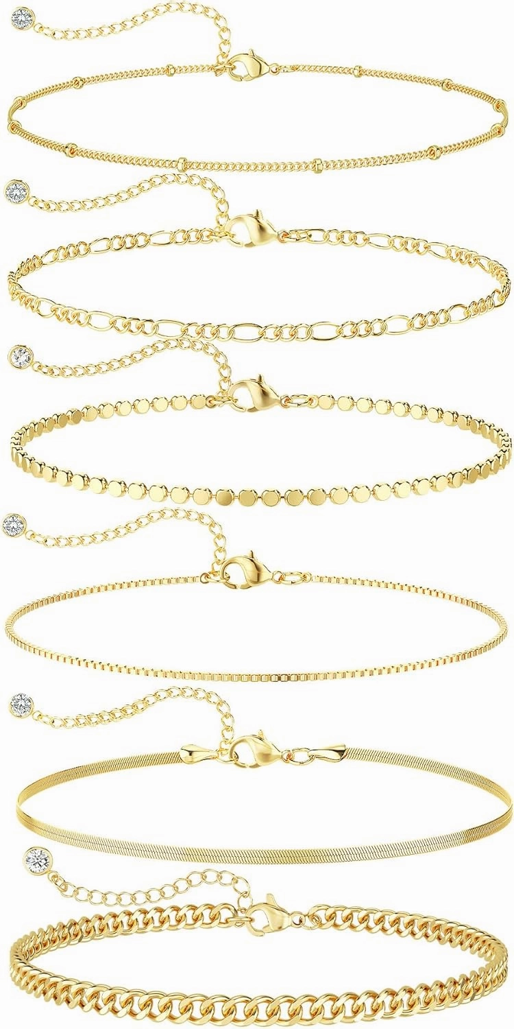 DEARMAY Waterproof Gold Bracelets Set for Women Trendy, Dainty 14K Real Gold Plated Jewelry Fashion Stackable Tennis Beaded Figaro Herringbone Paperclip Link Bracelet Pack Stack Gifts for Women