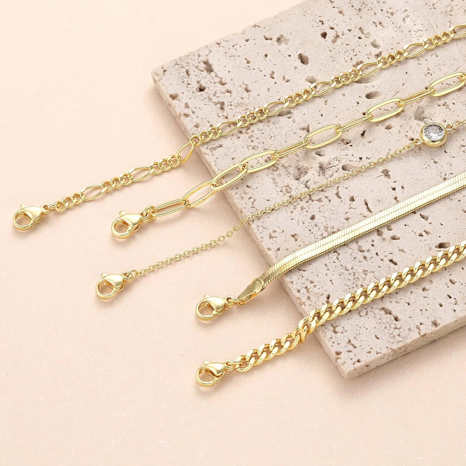 DEARMAY Waterproof Gold Bracelets Set for Women Trendy, Dainty 14K Real Gold Plated Jewelry Fashion Stackable Tennis Beaded Figaro Herringbone Paperclip Link Bracelet Pack Stack Gifts for Women