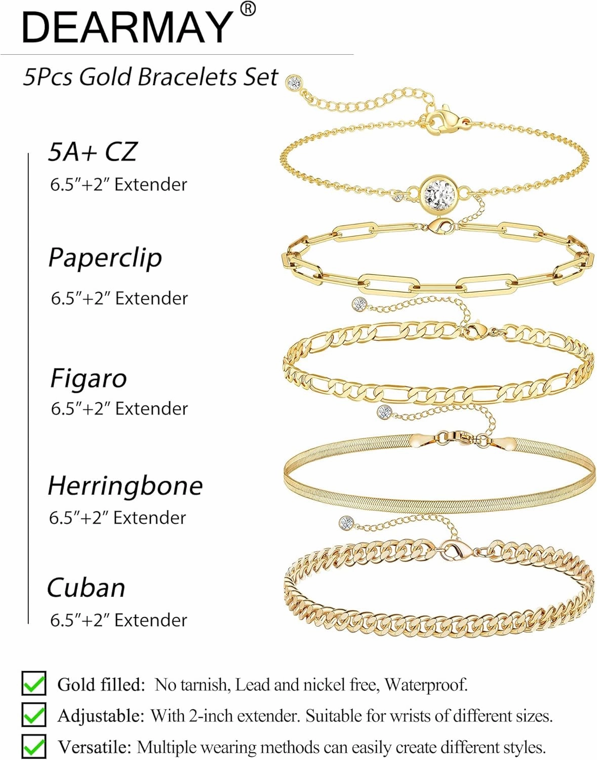 DEARMAY Waterproof Gold Bracelets Set for Women Trendy, Dainty 14K Real Gold Plated Jewelry Fashion Stackable Tennis Beaded Figaro Herringbone Paperclip Link Bracelet Pack Stack Gifts for Women