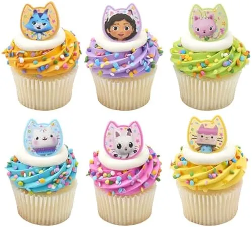 DecoPac DreamWorks Gabby's Dollhouse Rings, 24 Cupcake Decorations Featuring Gabby, Pandy Paws, Irresistible Kitty Characters, and Super Fun Adventures! - 24 Pack