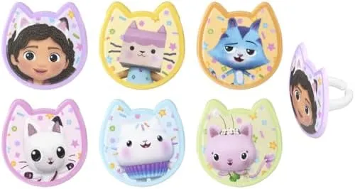 DecoPac DreamWorks Gabby's Dollhouse Rings, 24 Cupcake Decorations Featuring Gabby, Pandy Paws, Irresistible Kitty Characters, and Super Fun Adventures! - 24 Pack