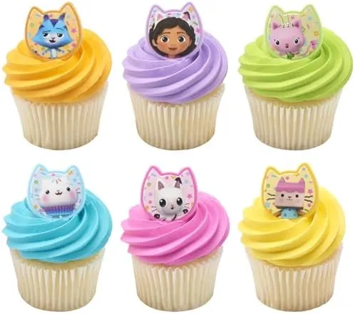 DecoPac DreamWorks Gabby's Dollhouse Rings, 24 Cupcake Decorations Featuring Gabby, Pandy Paws, Irresistible Kitty Characters, and Super Fun Adventures! - 24 Pack
