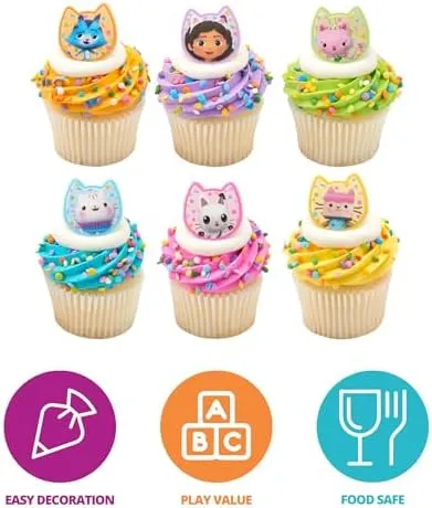 DecoPac DreamWorks Gabby's Dollhouse Rings, 24 Cupcake Decorations Featuring Gabby, Pandy Paws, Irresistible Kitty Characters, and Super Fun Adventures! - 24 Pack