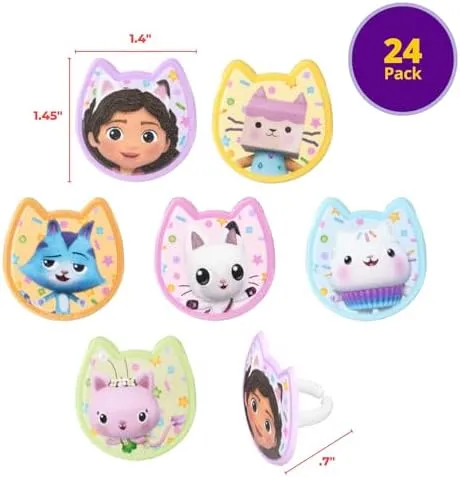 DecoPac DreamWorks Gabby's Dollhouse Rings, 24 Cupcake Decorations Featuring Gabby, Pandy Paws, Irresistible Kitty Characters, and Super Fun Adventures! - 24 Pack