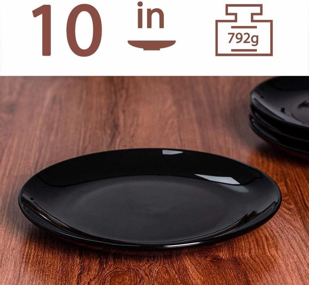 DELLING 10 inch Black Dinner Plates Set, Porcelain Dessert/Salad Plate, Serving Dishes, Dinnerware Sets, Scratch Resistant, Lead-Free, Microwave, Oven, and Dishwasher Safe - Set of 4