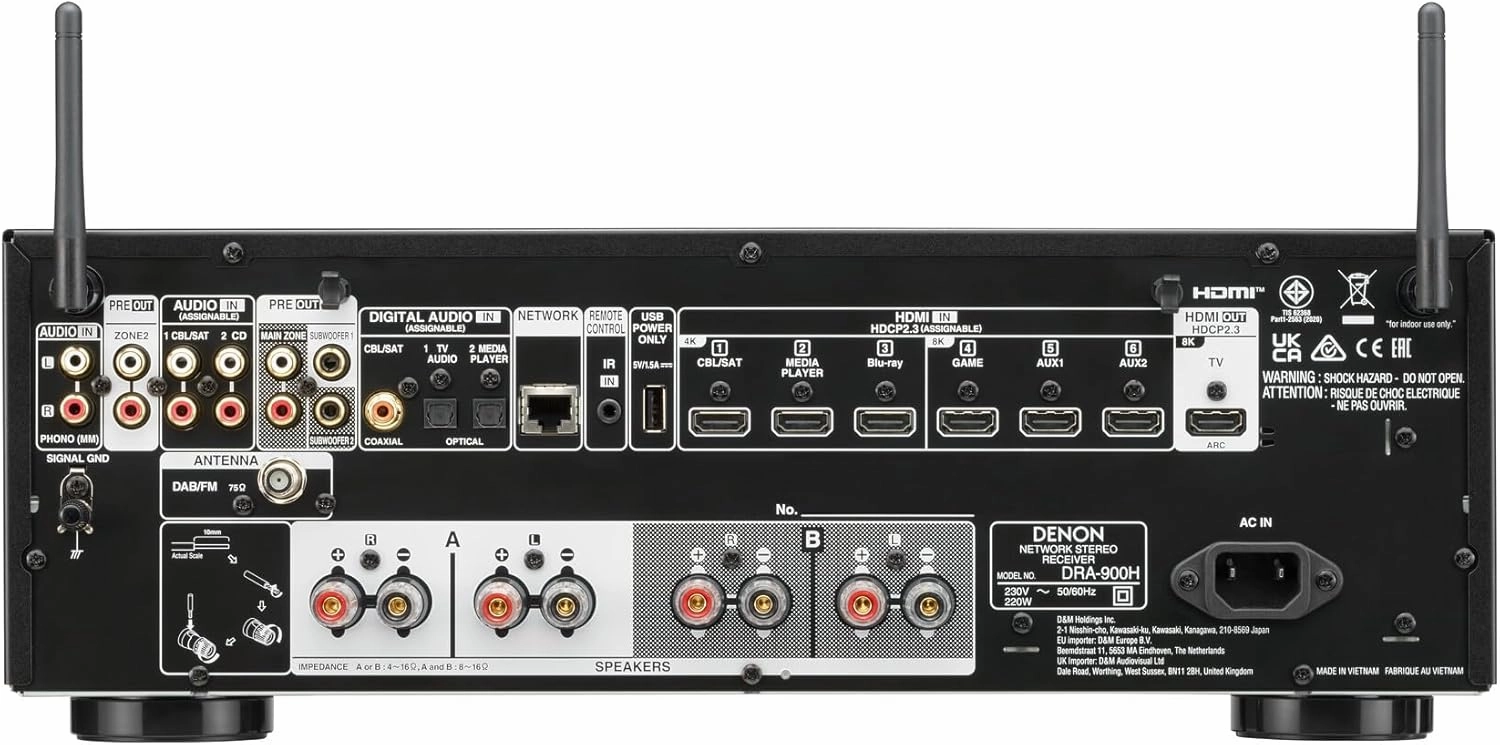Denon Receiver DRA-900H - 2-Channel Stereo Network Receiver - 100W/Ch. Hi-Fi Amplification, Built-in HEOS, HDCP 2.3 Processing with ARC/eARC Support, Dolby Vision, HLG, Dynamic HDR