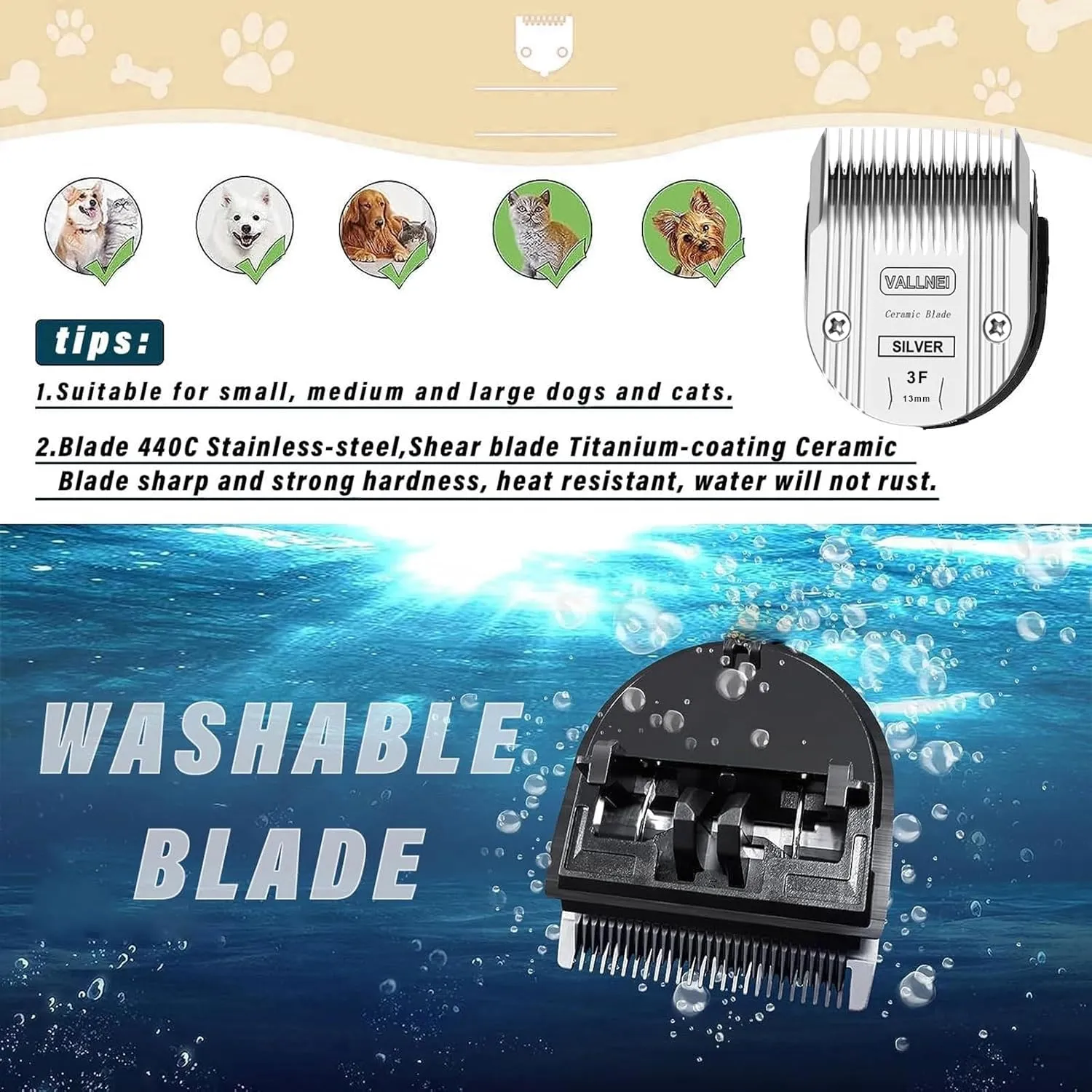 Detachable Adjustable Pet Dog Grooming Clipper Replacement Blade Compatible with WAHL Professional Animal Blade Arco, Bravura, Chromado, Creativa, Figura, and Motion Pet, Dog, and Horse Clippers(3F2)