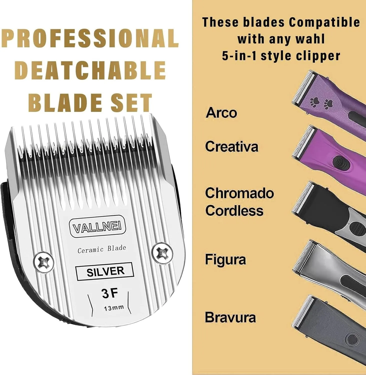 Detachable Adjustable Pet Dog Grooming Clipper Replacement Blade Compatible with WAHL Professional Animal Blade Arco, Bravura, Chromado, Creativa, Figura, and Motion Pet, Dog, and Horse Clippers(3F2)