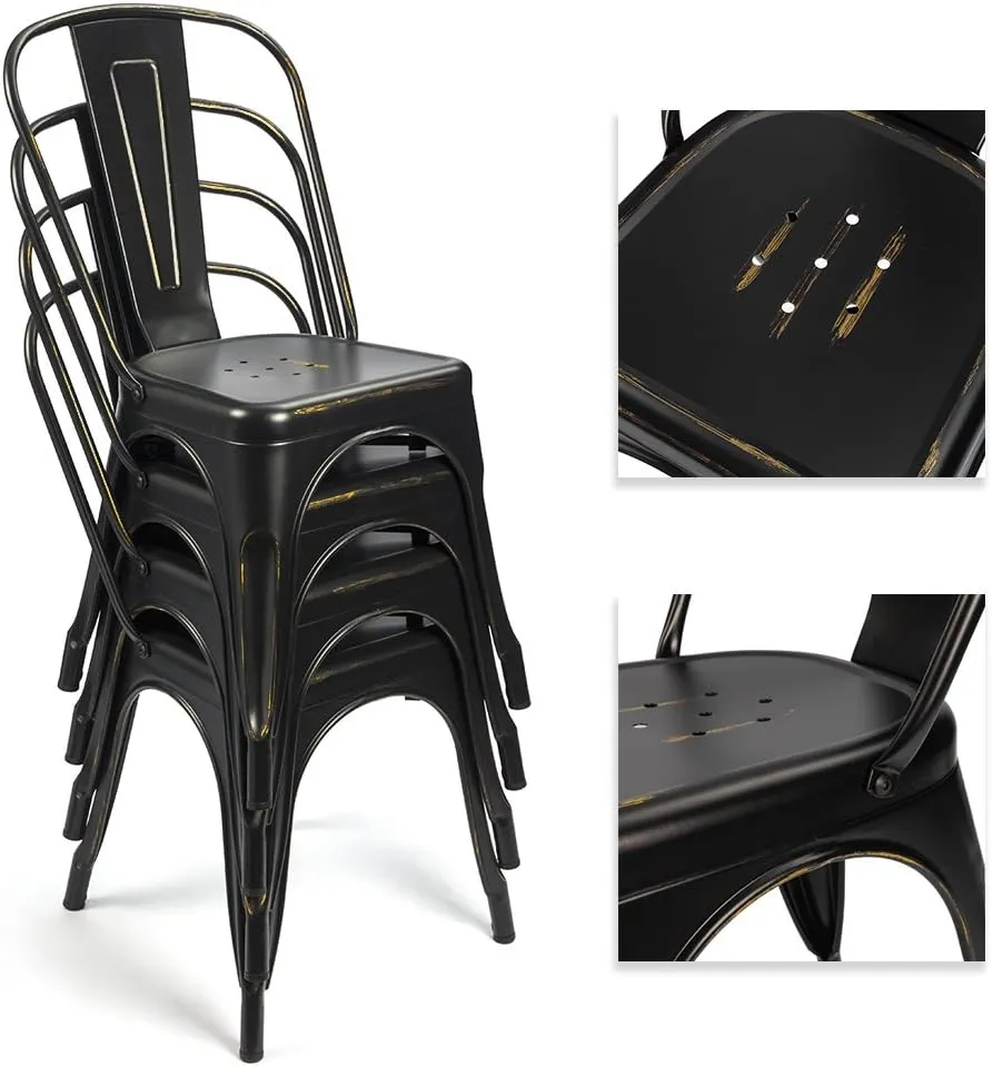 Devoko Metal Indoor-Outdoor Chairs Distressed Style Kitchen Dining Chairs Stackable Side Chairs with Back Set of 4 (Black Gold)