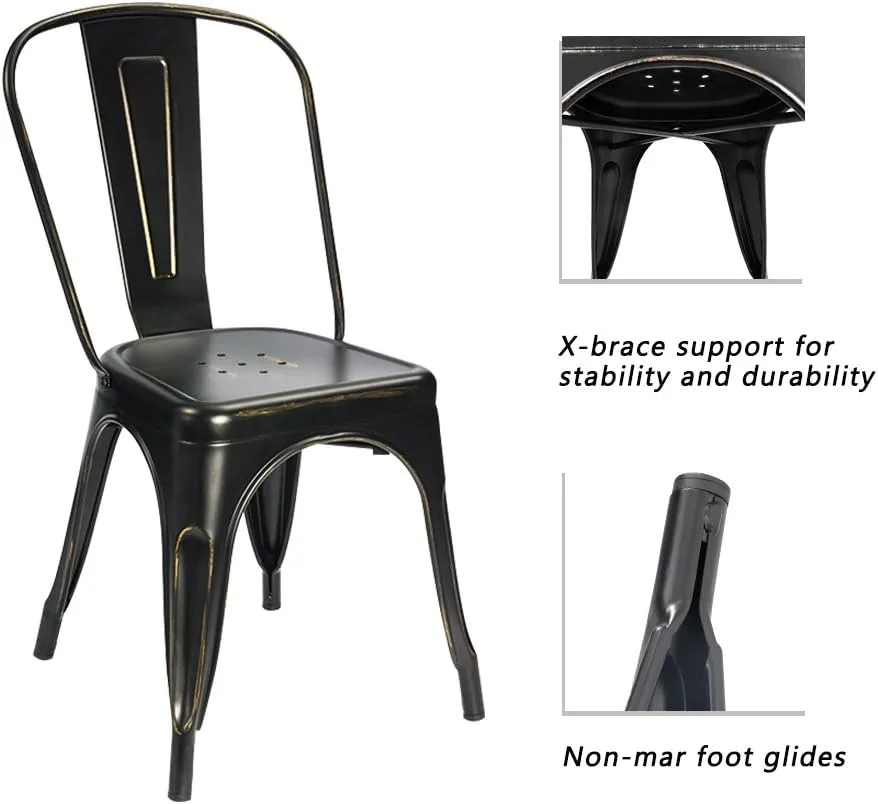 Devoko Metal Indoor-Outdoor Chairs Distressed Style Kitchen Dining Chairs Stackable Side Chairs with Back Set of 4 (Black Gold)