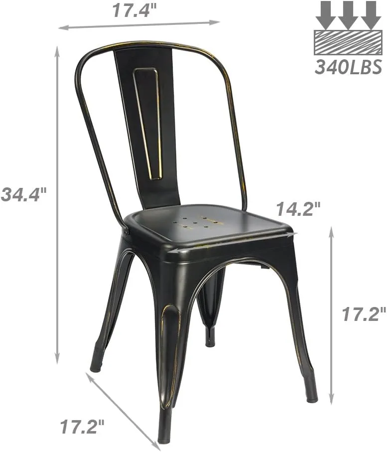 Devoko Metal Indoor-Outdoor Chairs Distressed Style Kitchen Dining Chairs Stackable Side Chairs with Back Set of 4 (Black Gold)
