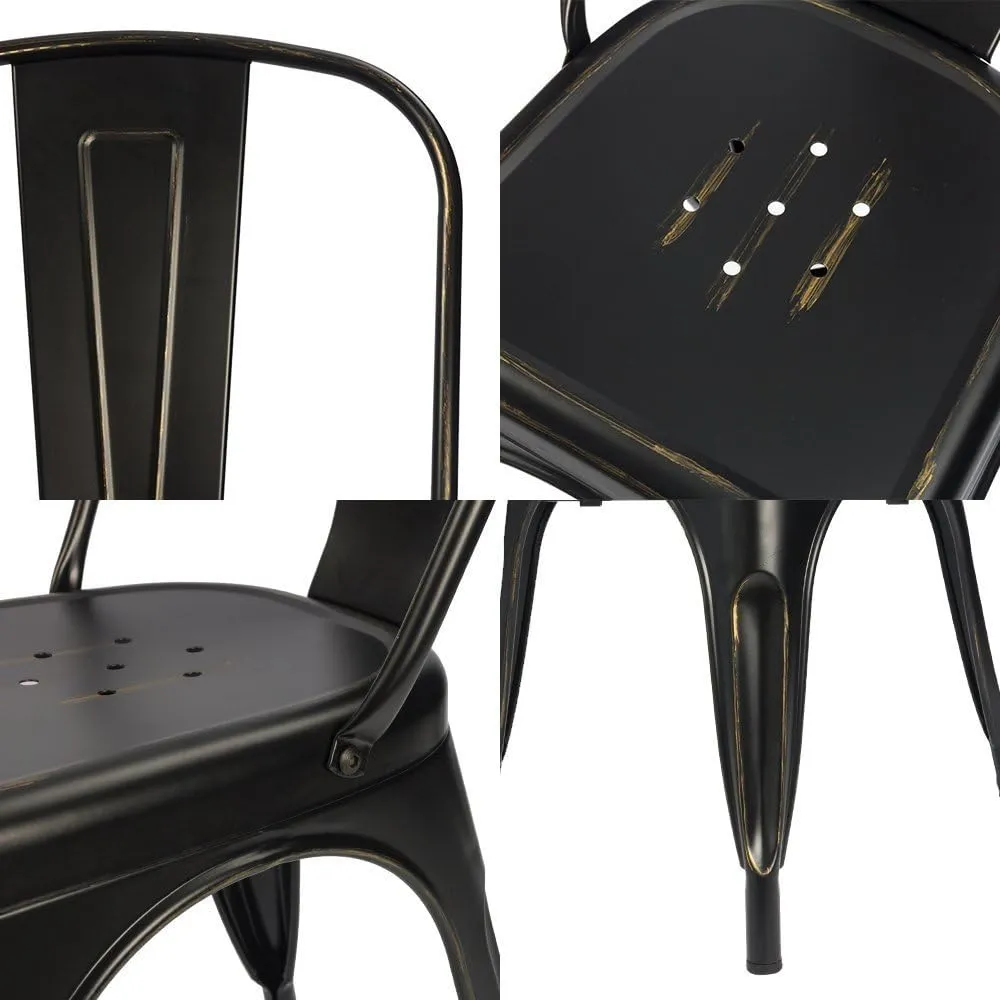 Devoko Metal Indoor-Outdoor Chairs Distressed Style Kitchen Dining Chairs Stackable Side Chairs with Back Set of 4 (Black Gold)