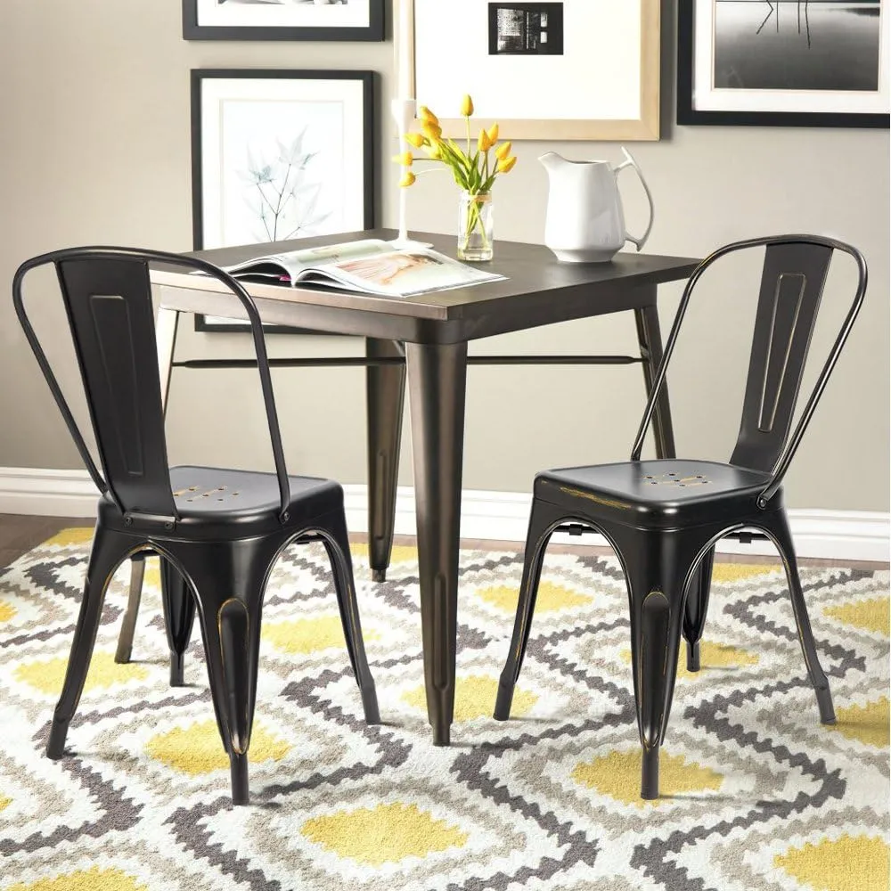 Devoko Metal Indoor-Outdoor Chairs Distressed Style Kitchen Dining Chairs Stackable Side Chairs with Back Set of 4 (Black Gold)