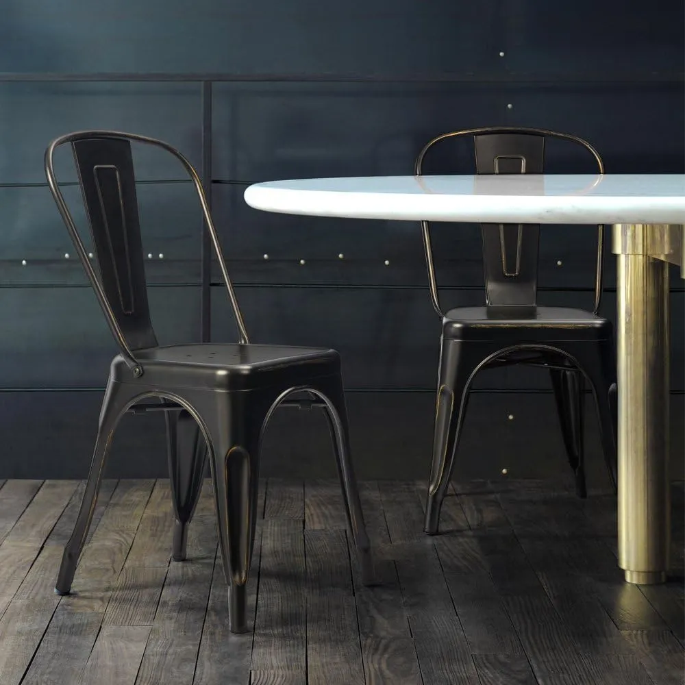 Devoko Metal Indoor-Outdoor Chairs Distressed Style Kitchen Dining Chairs Stackable Side Chairs with Back Set of 4 (Black Gold)
