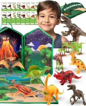 Dinosaur Play Set with Volcano Carry Case - 9 Big Dinosaurs - Wipe Clean Dino Play Mat, Bilingual Memory Fact Card Game - Dinosaur Toys for Kids for Boys Girls and Toddlers - Playset w 10 Inch T-Rex