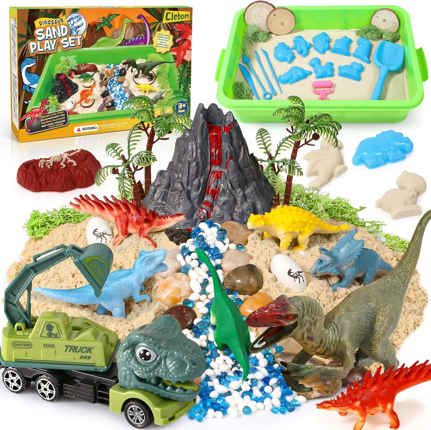 Dinosaur Sensory Bin & Play Sand Toy Kits for Toddlers Kids - 2lbs Magic Sand & Play Set, 10 Dino Molds & 7 Sand Models with Truck, Christmas Birthday Sandbox Gift for Boys Girls 3  Years Old