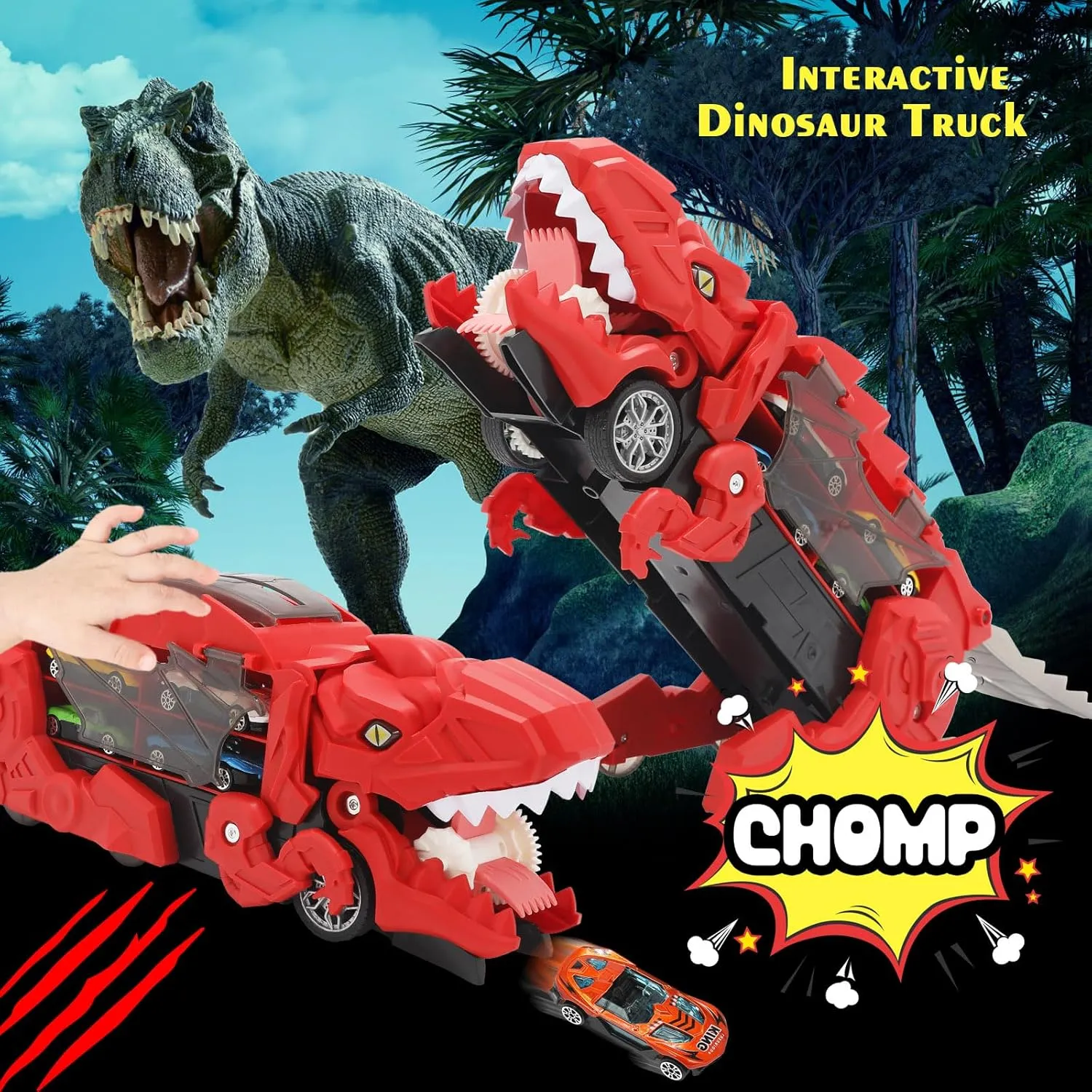 Dinosaur Truck Toy for Boys & Girls Ages 3-7 – Foldable T-Rex Car Transporter with Race Track, Dino Hauler Playset with 8 Die-Cast Cars, for Dino Lovers & Toddler Car Toys (Red)