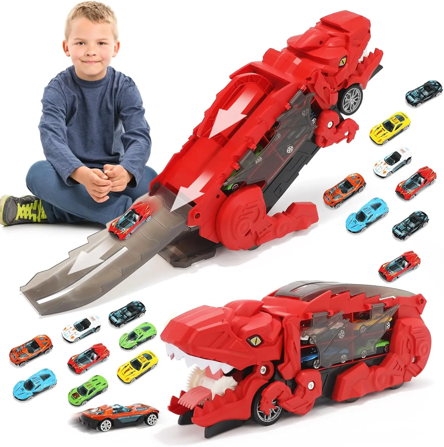 Dinosaur Truck Toy for Boys & Girls Ages 3-7 – Foldable T-Rex Car Transporter with Race Track, Dino Hauler Playset with 8 Die-Cast Cars, for Dino Lovers & Toddler Car Toys (Red)