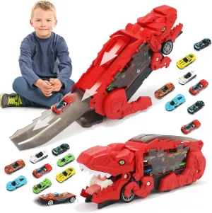 Dinosaur Truck Toy for Boys & Girls Ages 3-7 – Foldable T-Rex Car Transporter with Race Track, Dino Hauler Playset with 8 Die-Cast Cars, for Dino Lovers & Toddler Car Toys (Red)