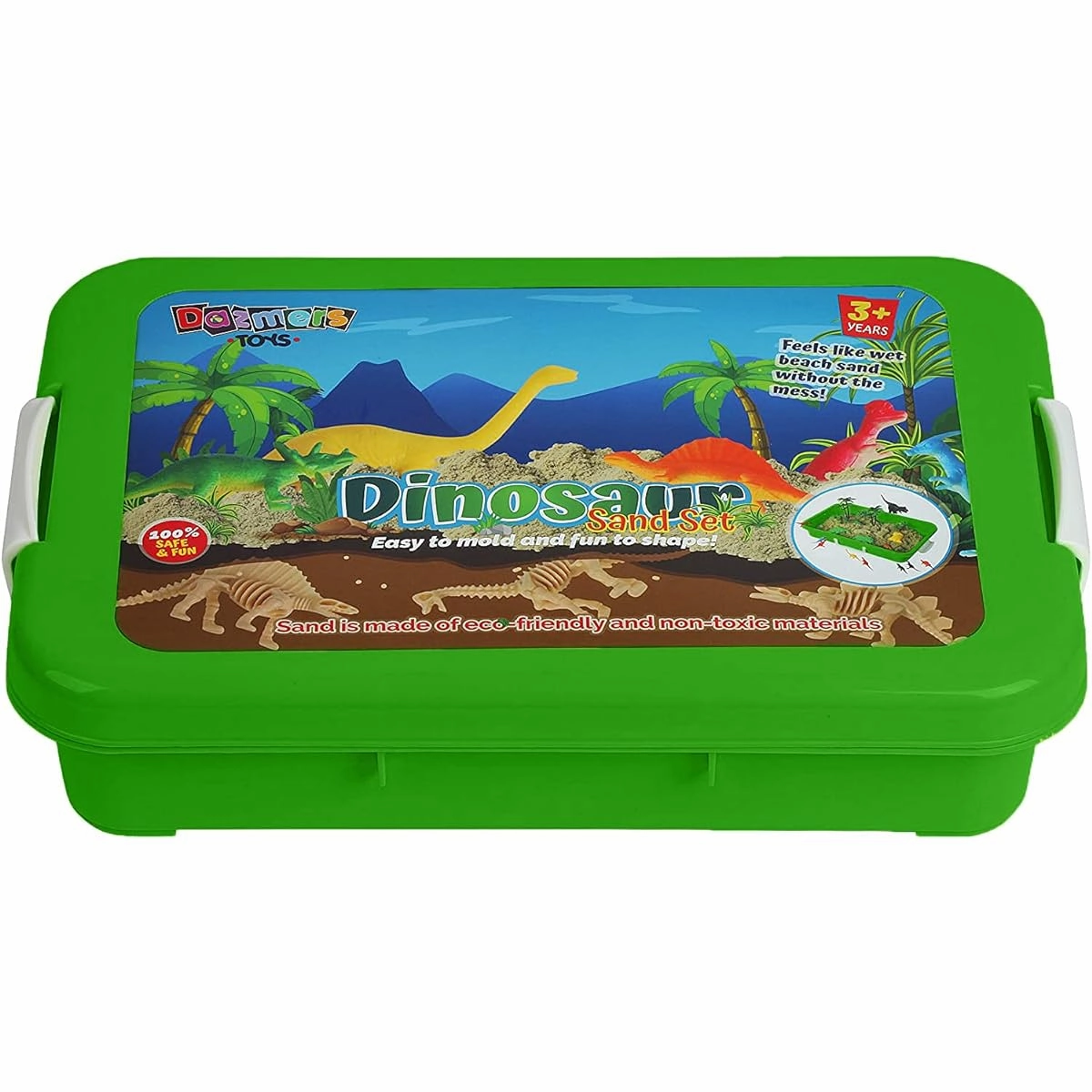 Dinosaur Play Sand Kit - Sensory Bin Sandbox with 2 Bags of Safe Sand and 34 Pieces - Feels Like Wet Sand Without the Mess - Includes Bin, Lid, Dinosaur Figure, Dinosaur Mold, Wood and Fence