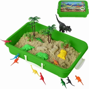 Dinosaur Play Sand Kit - Sensory Bin Sandbox with 2 Bags of Safe Sand and 34 Pieces - Feels Like Wet Sand Without the Mess - Includes Bin, Lid, Dinosaur Figure, Dinosaur Mold, Wood and Fence