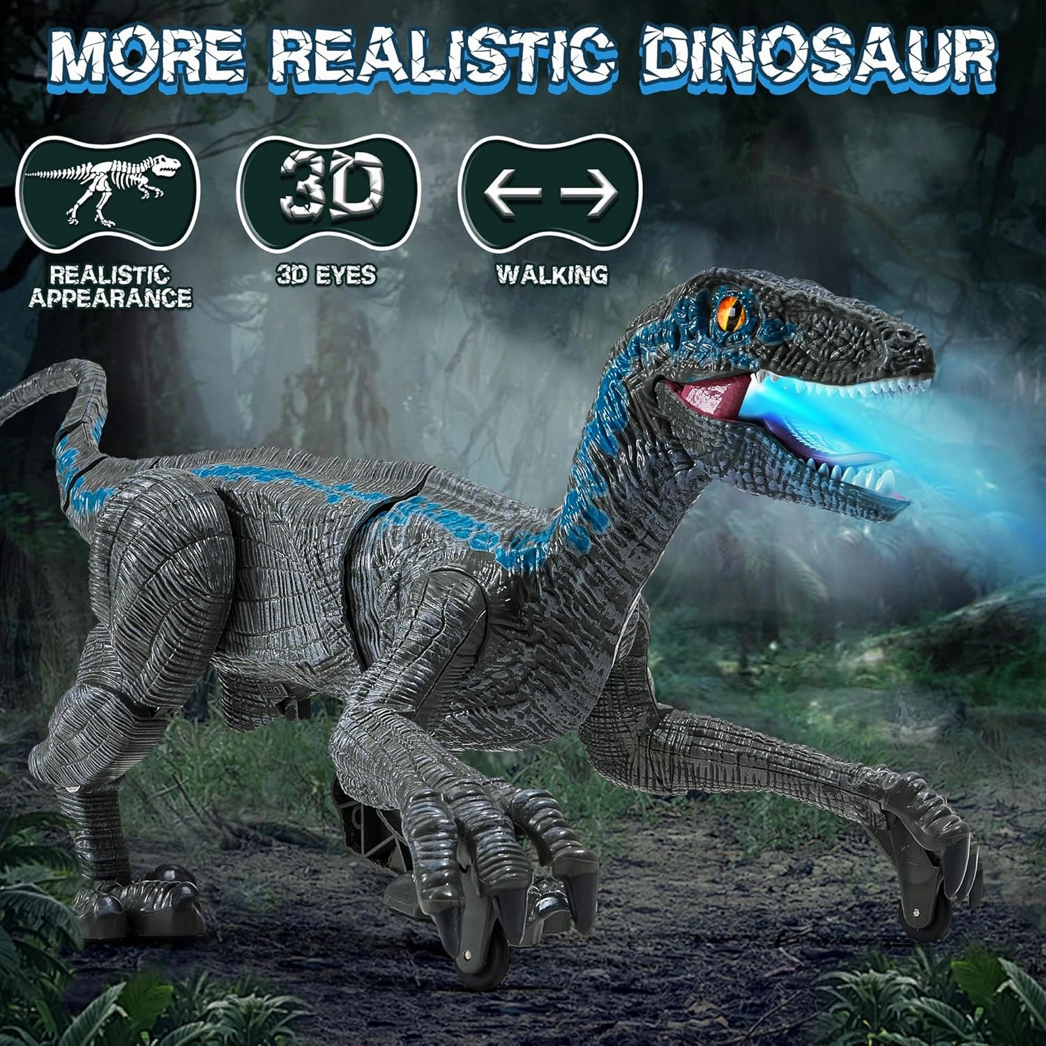 Dinosaur Toys for Kids 3-5-7 with Stickers, Remote Control Dinosaur Toys with 3D Eyes, Shaking Head, Roaring Sounds, Demo Function, Realistic Jurassic Toy for 3 4 5 6 7 8 Year Old Boys Gifts (Blue)