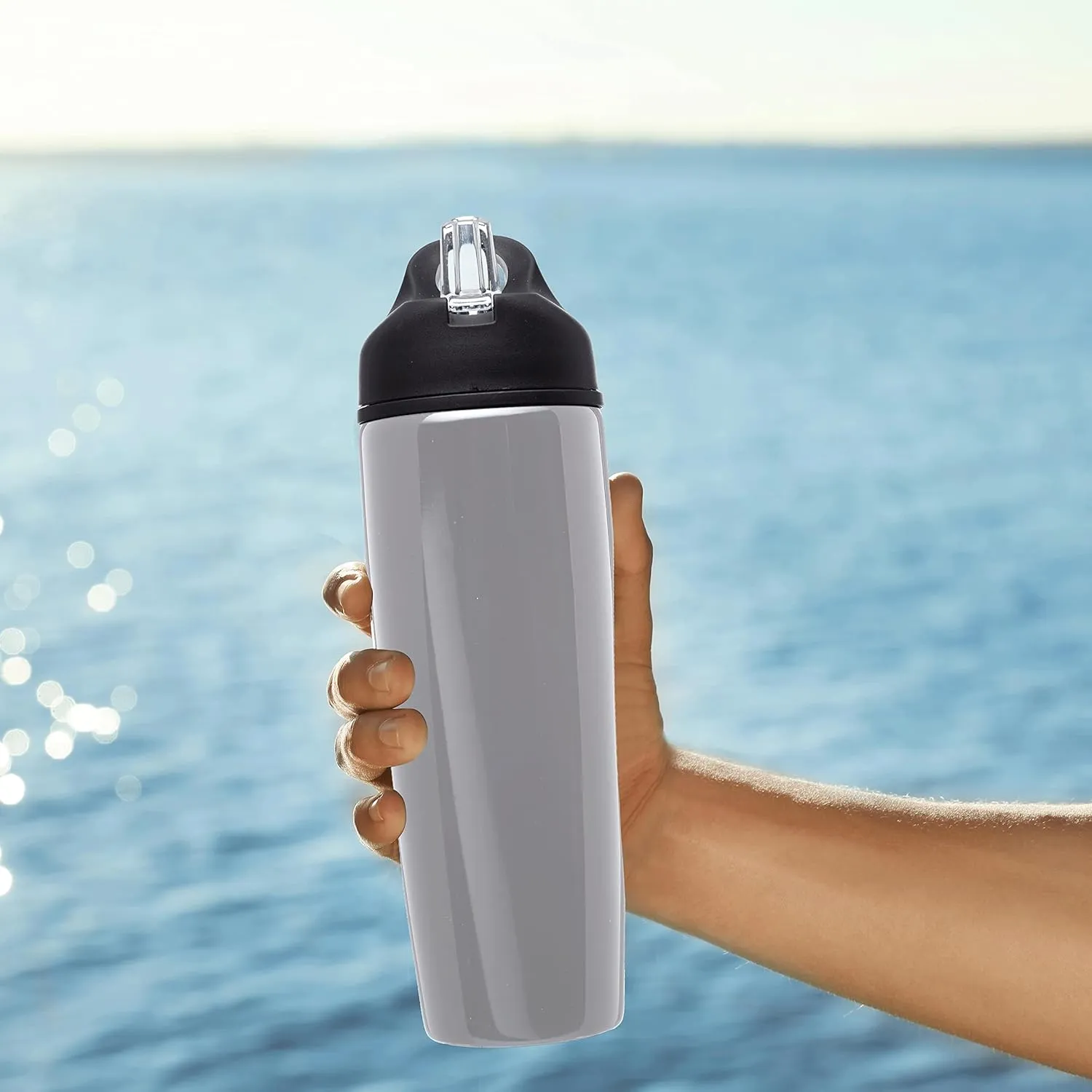 DISCOUNT PROMOS Stainless Steel Bulk Reusable Water Bottle, 6 Pack, 28.5 oz BPA Free Sports Team Bottles with Lid and Flip-up Straw, Spill Proof Bulk Pack Water Bottles with Straw, Silver