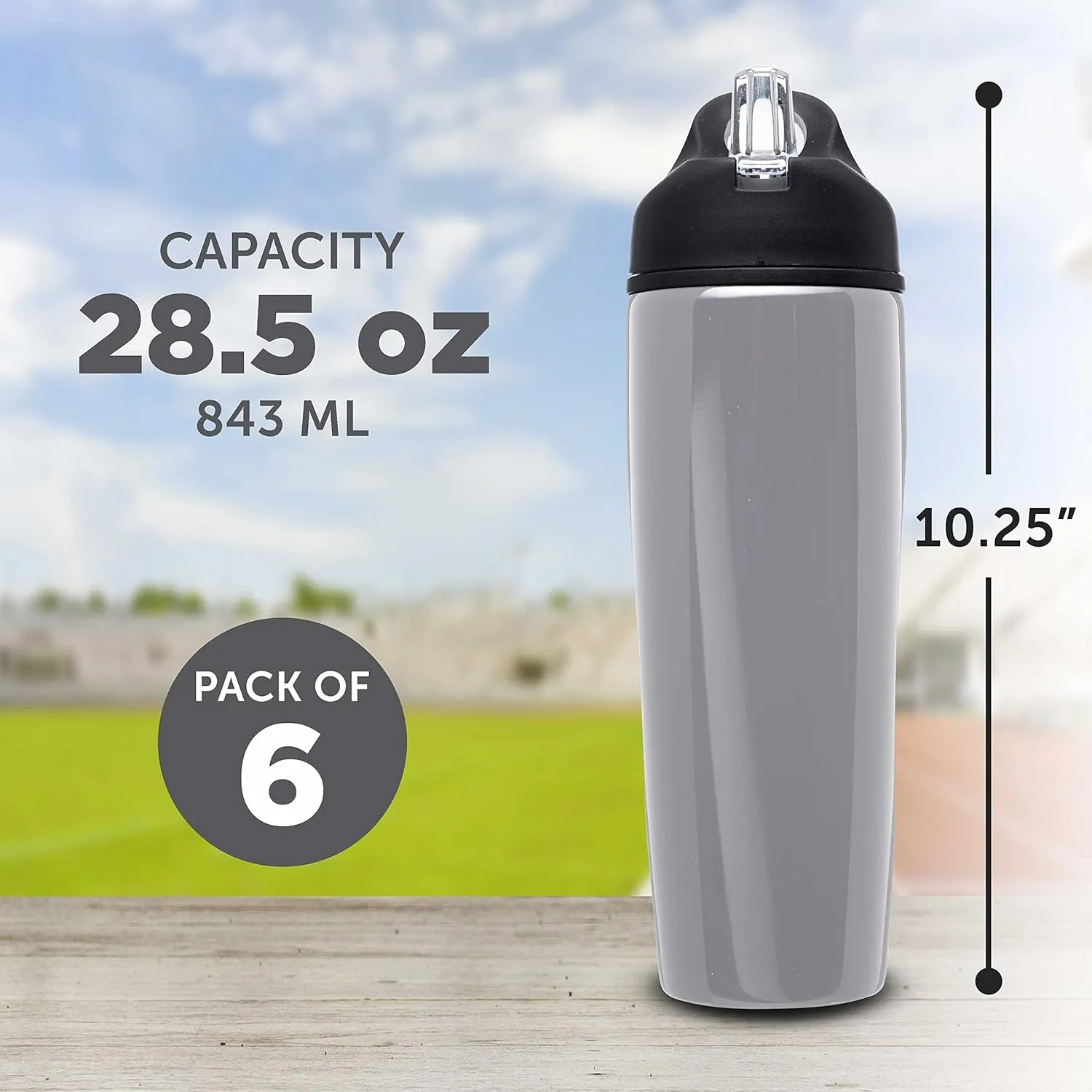 DISCOUNT PROMOS Stainless Steel Bulk Reusable Water Bottle, 6 Pack, 28.5 oz BPA Free Sports Team Bottles with Lid and Flip-up Straw, Spill Proof Bulk Pack Water Bottles with Straw, Silver