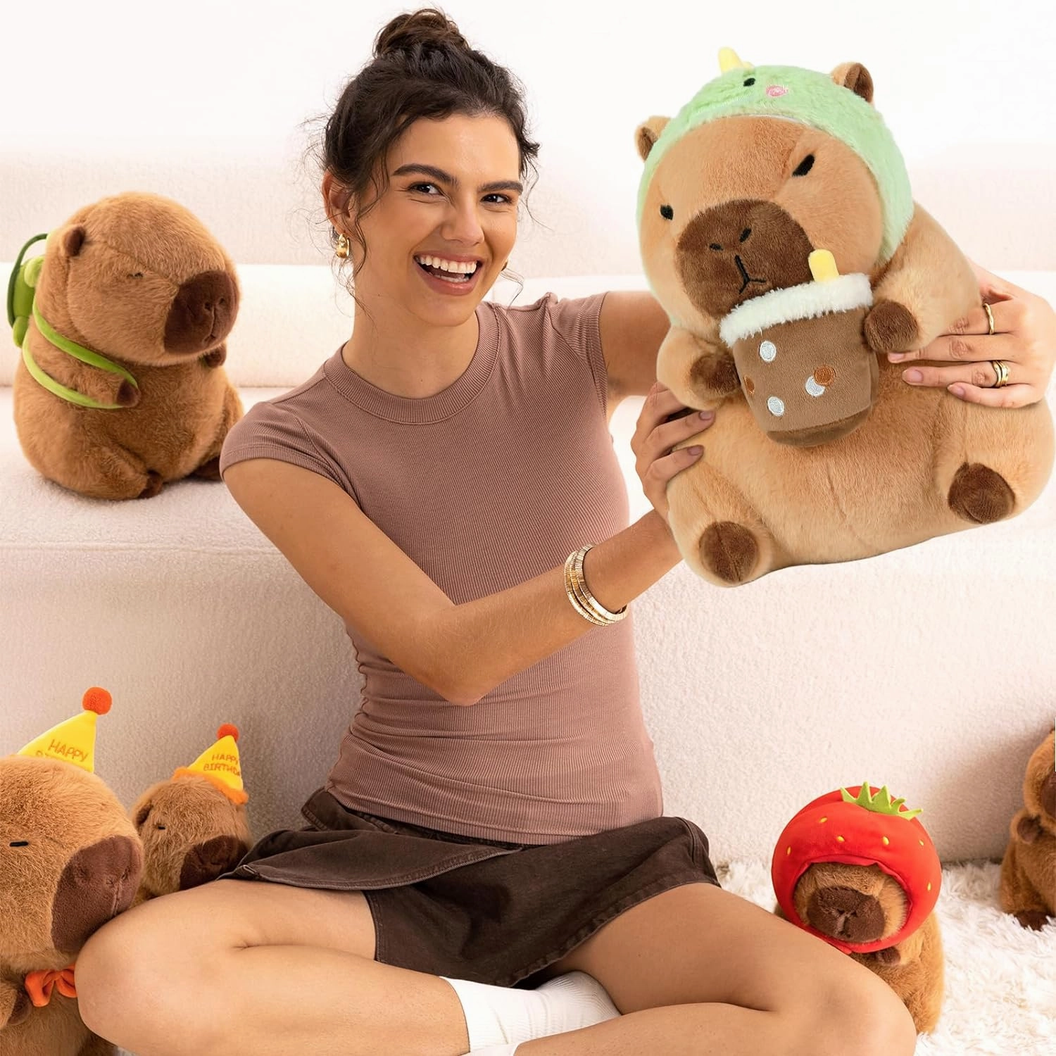 Ditucu Cute Capybara Plush Pillow Dinosaur Drinking Milk Tea Stuffed Animal Capibara Plushies Toys Gifts for Kids Brown 13.7 inch