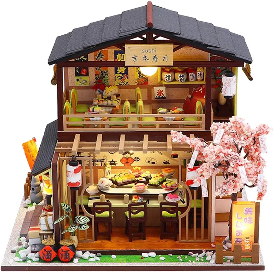 DIY Dollhouse Miniature Kit with Dust Proof and Music Box Japanese Sushi Shop Dolls House Furniture 3D Wooden Hand Craft Creative Puzzle Toy Birthday Gift for Friends