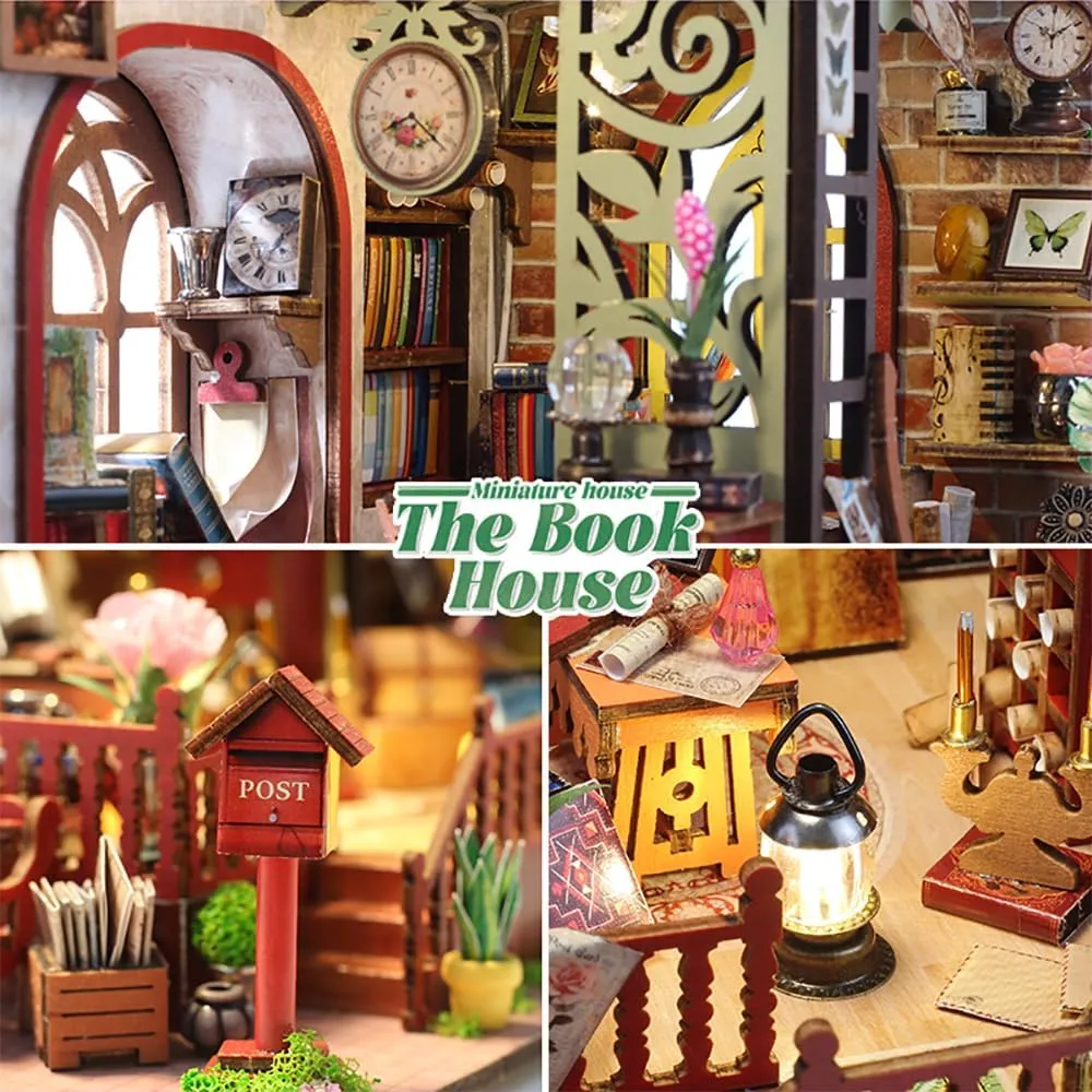 DIY Miniature Dollhouse Kit, Mini House Making Kit with Music Box and Light, Tiny House Kit to Build for Adults, Hobby Craft Gift for Father's Day, Booklover’s Haven