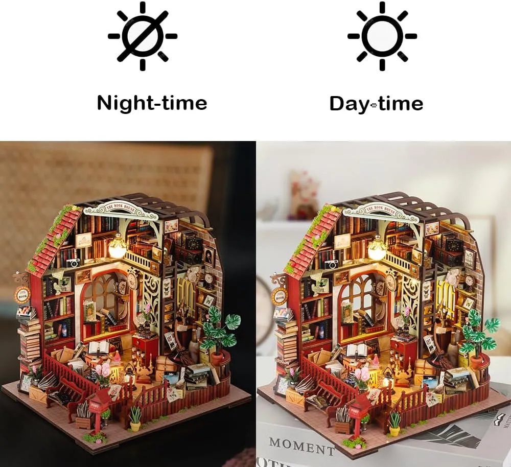 DIY Miniature Dollhouse Kit, Mini House Making Kit with Music Box and Light, Tiny House Kit to Build for Adults, Hobby Craft Gift for Father's Day, Booklover’s Haven