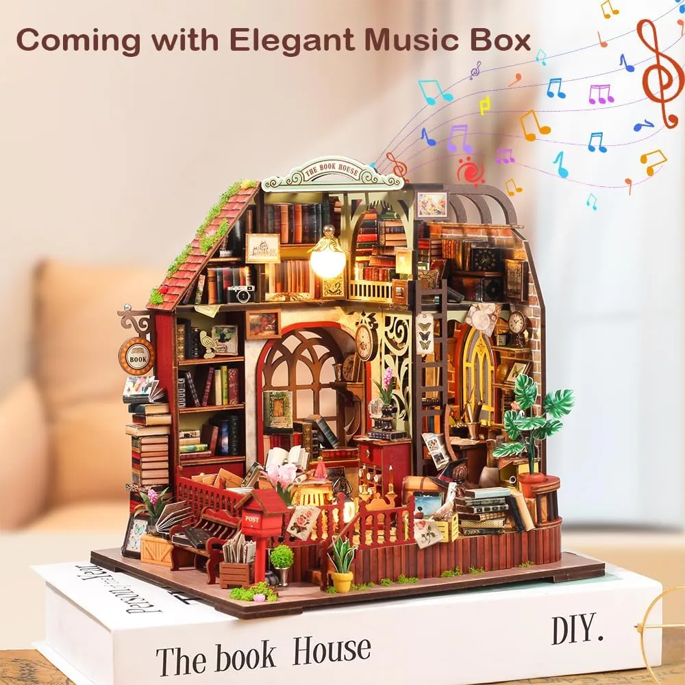 DIY Miniature Dollhouse Kit, Mini House Making Kit with Music Box and Light, Tiny House Kit to Build for Adults, Hobby Craft Gift for Father's Day, Booklover’s Haven