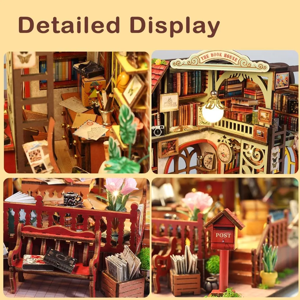 DIY Miniature Dollhouse Kit, Mini House Making Kit with Music Box and Light, Tiny House Kit to Build for Adults, Hobby Craft Gift for Father's Day, Booklover’s Haven