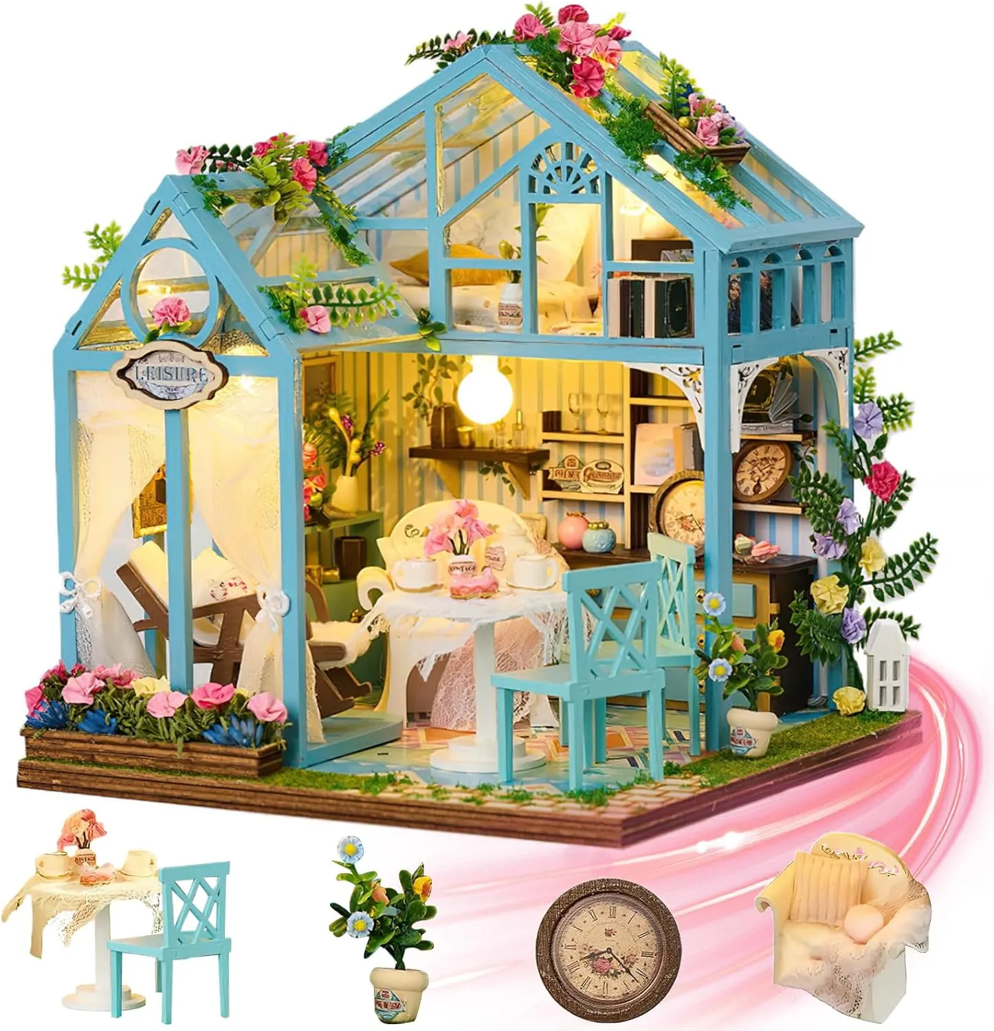 DIY Miniature House Kit - Mini House Making Kit with LED Light Furniture - Tiny House kit for Adults to Build - 3D Wooden Doll House Miniature Kits Craft Gift for Families Friends