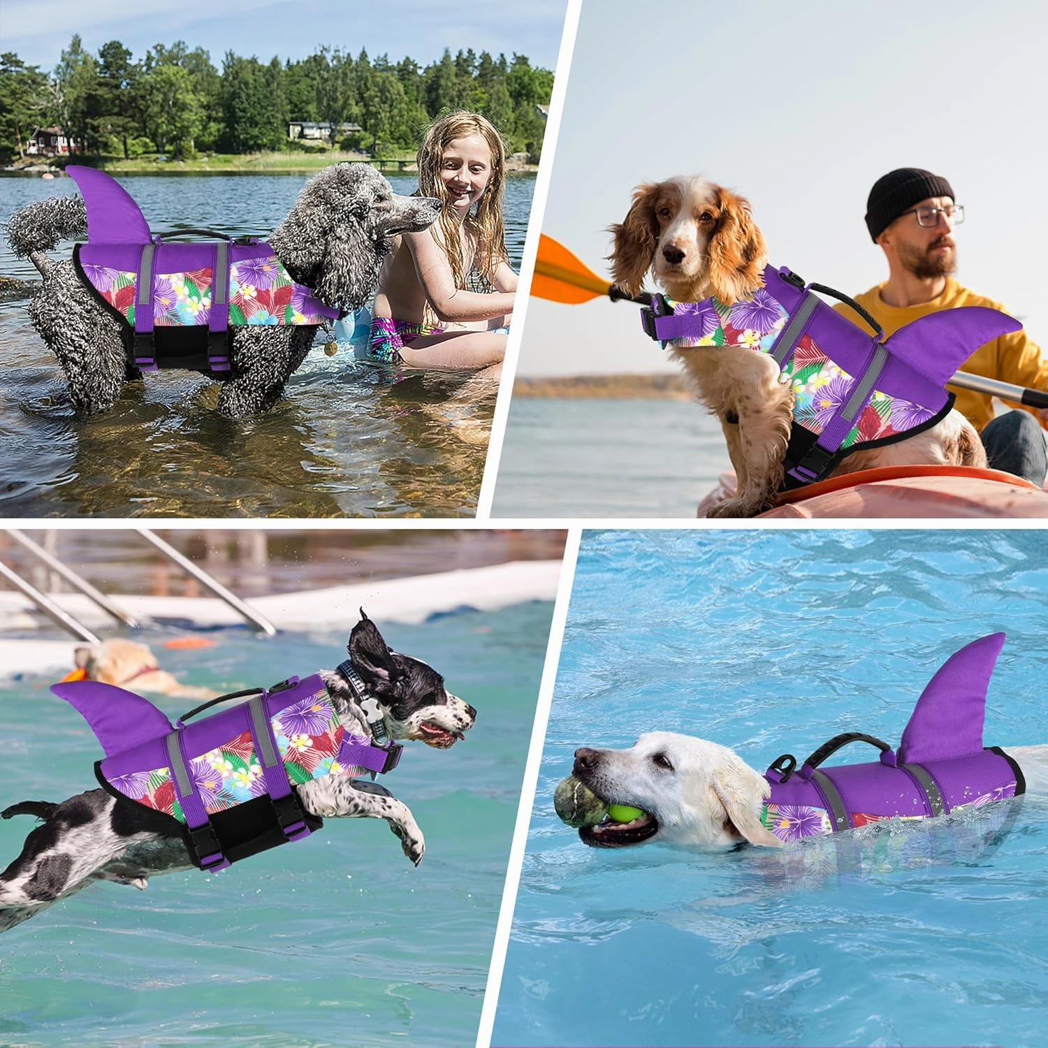 Dogcheer Dog Life Jacket Shark, Hawaiian Style Dog Life Vest for Swimming Boating, Reflective & Adjustable Pet Swim Vest Ripstop Float Coat for Small Medium Large Dogs(Flower Purple, M)