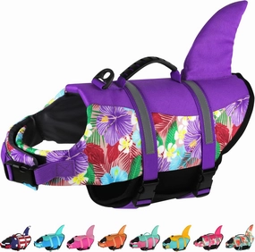 Dogcheer Dog Life Jacket Shark, Hawaiian Style Dog Life Vest for Swimming Boating, Reflective & Adjustable Pet Swim Vest Ripstop Float Coat for Small Medium Large Dogs(Flower Purple, M)