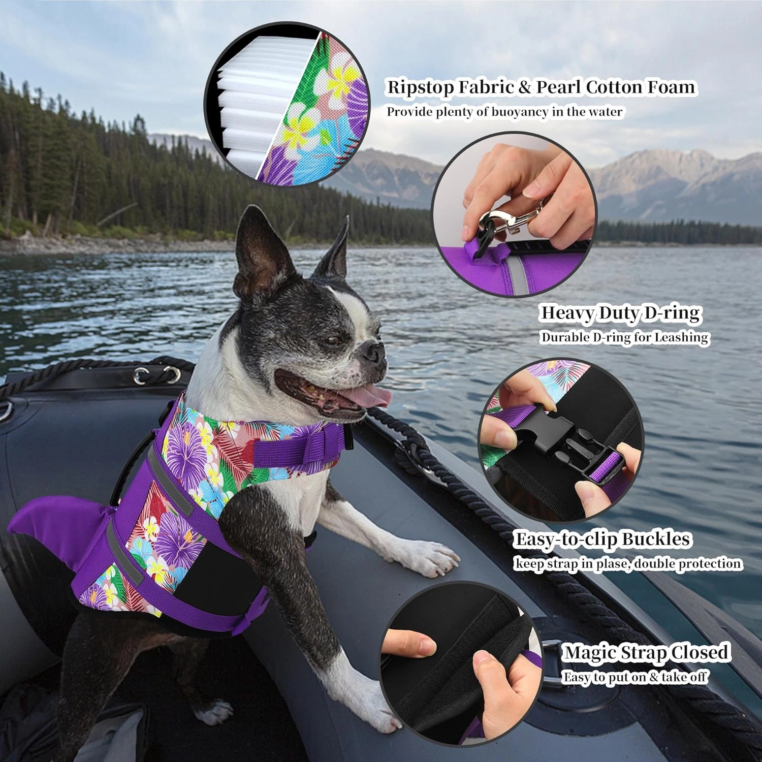 Dogcheer Dog Life Jacket Shark, Hawaiian Style Dog Life Vest for Swimming Boating, Reflective & Adjustable Pet Swim Vest Ripstop Float Coat for Small Medium Large Dogs(Flower Purple, M)