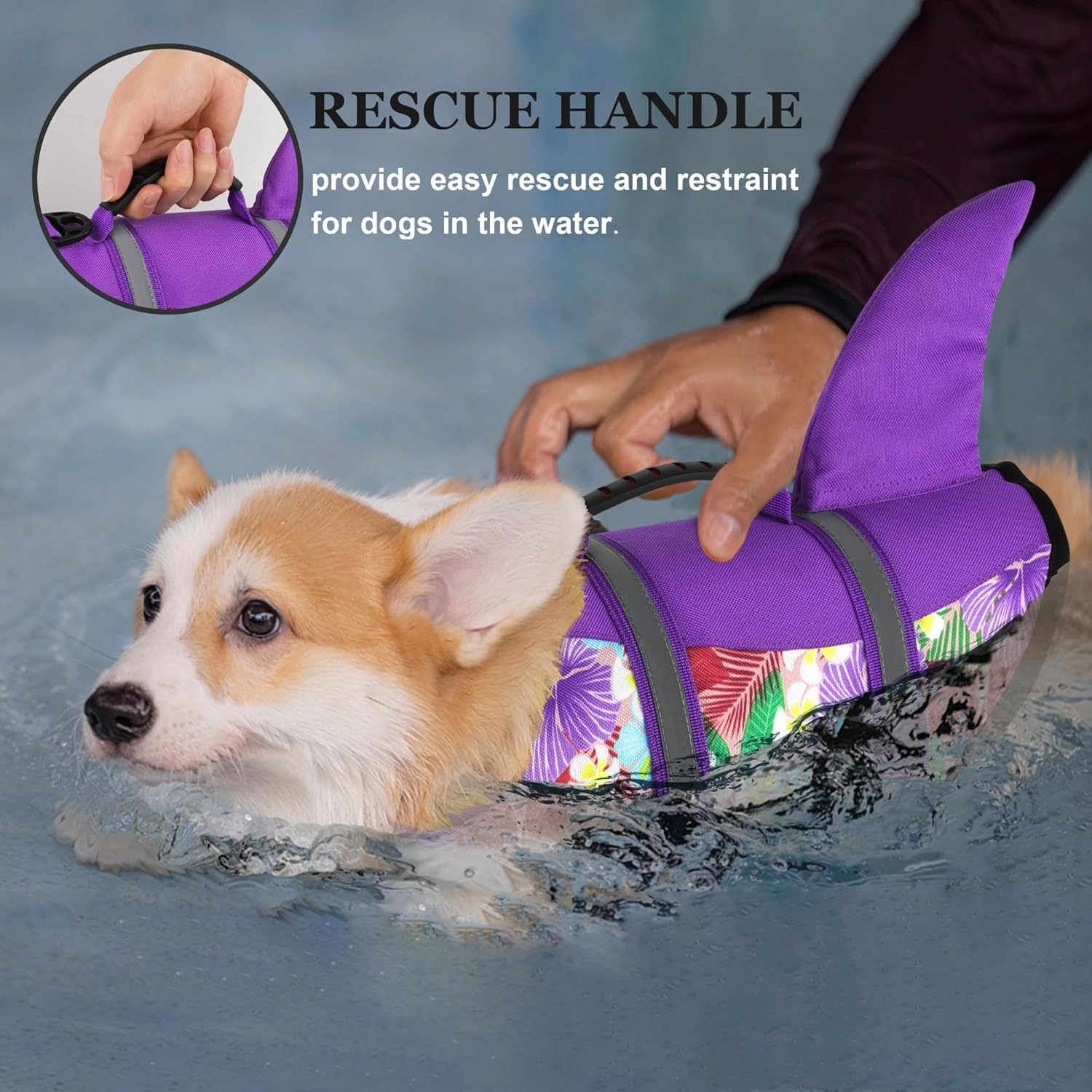 Dogcheer Dog Life Jacket Shark, Hawaiian Style Dog Life Vest for Swimming Boating, Reflective & Adjustable Pet Swim Vest Ripstop Float Coat for Small Medium Large Dogs(Flower Purple, M)
