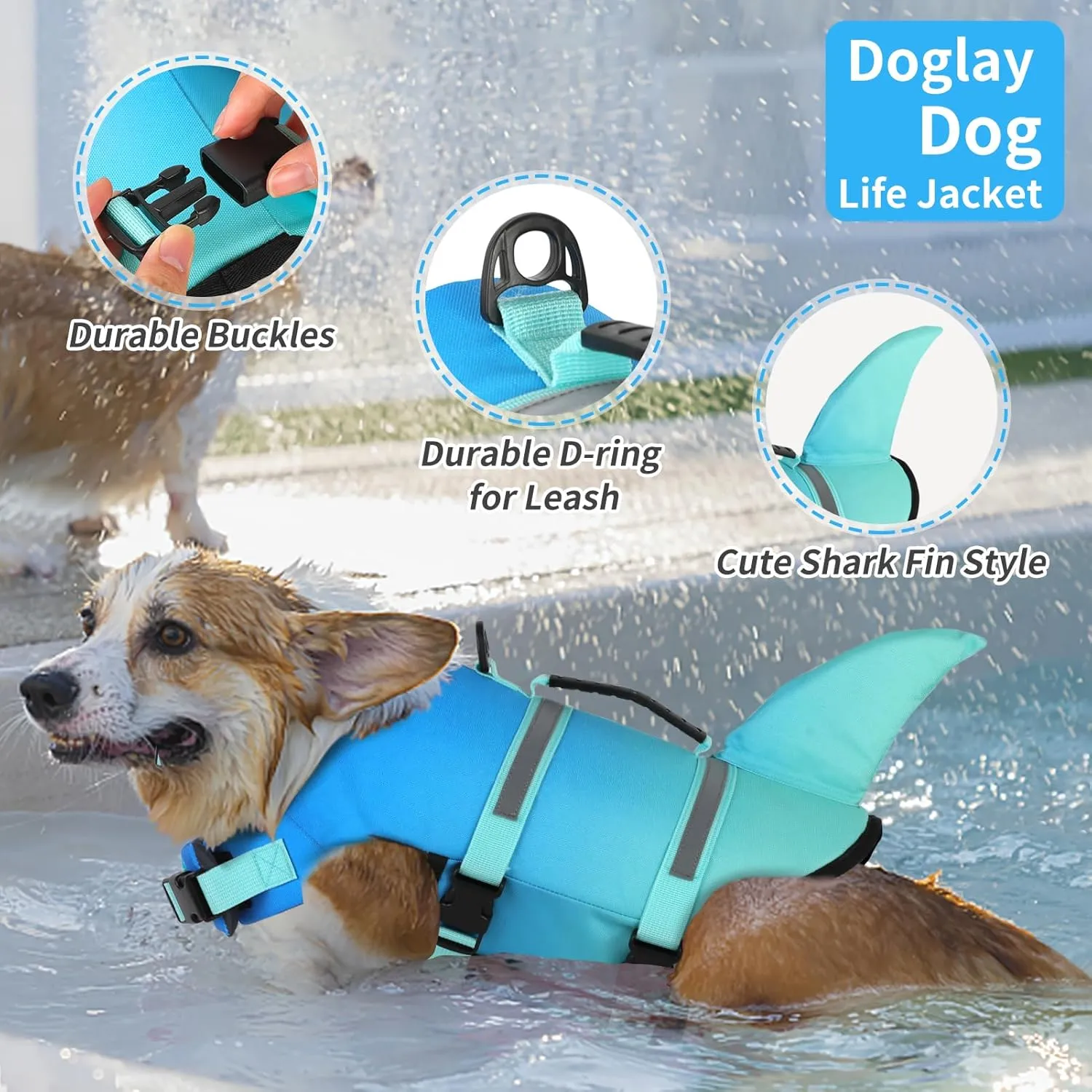 Doglay Dog Life Jacket, Ripstop Cute Shark Dog Life Vest with Superior Buoyancy and Rescue Handle, Adjustable Puppy Life Vests for Swimming Boating, Pet Flotation Vest for Small Medium Large Dogs