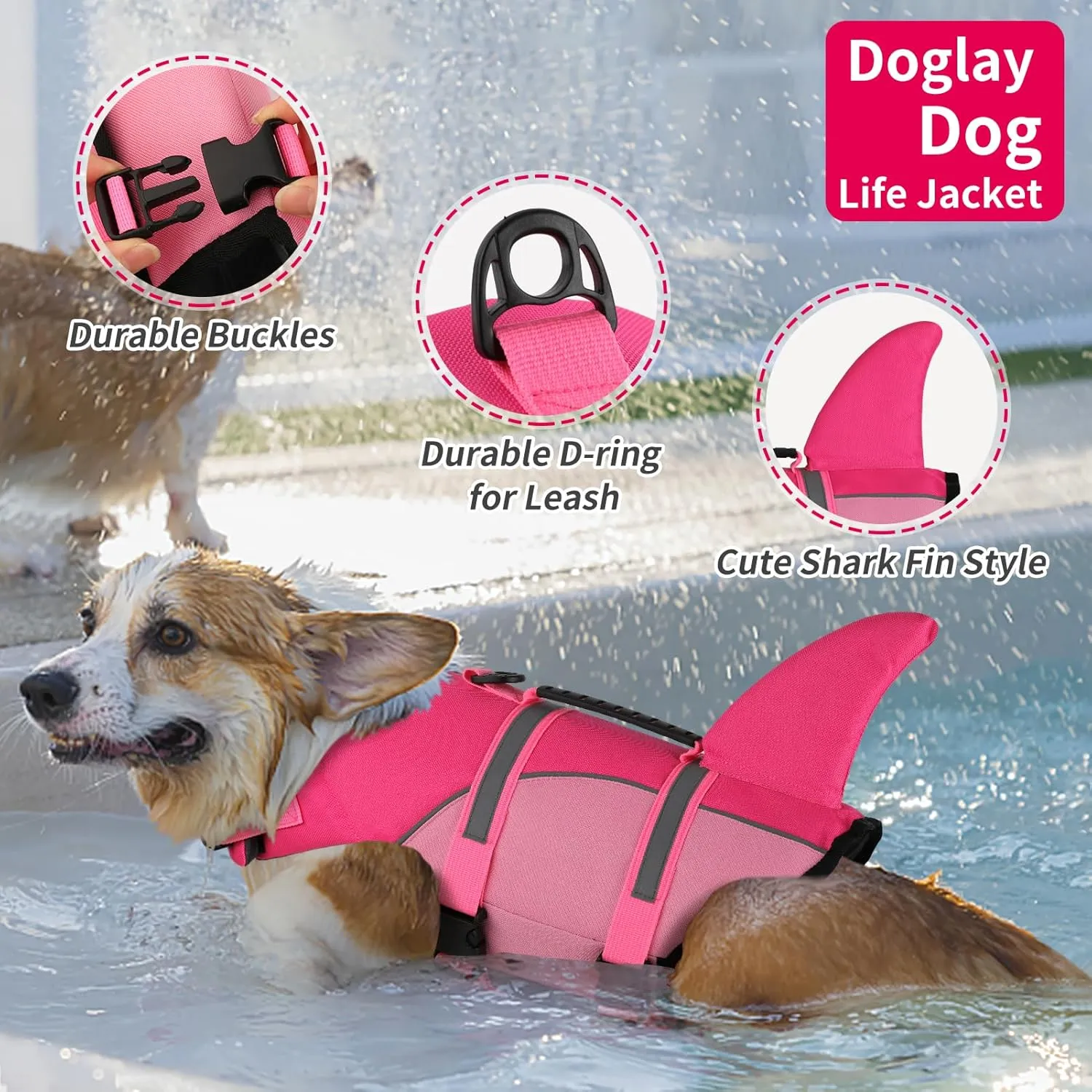 DogLay Ripstop Shark Dog Jacket with Superior Buoyancy and Rescue Handle, Adjustable Dog Vest for Swimming and Boating, Pet Flotation Vest for Small to Large Dogs