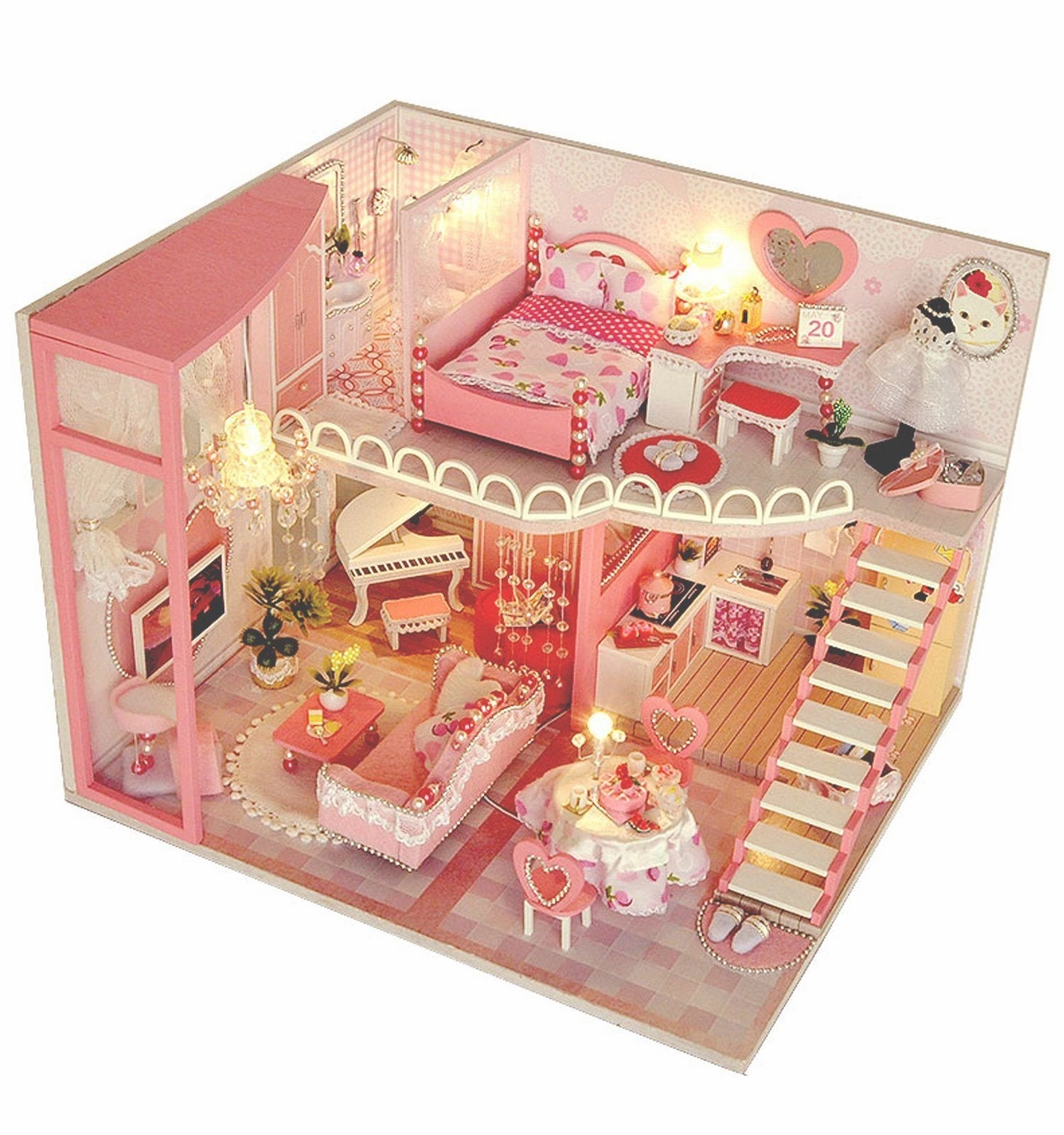 Dollhouse Miniatures Kit with Furniture LED Lights Dust Proof Miniature Wooden Model