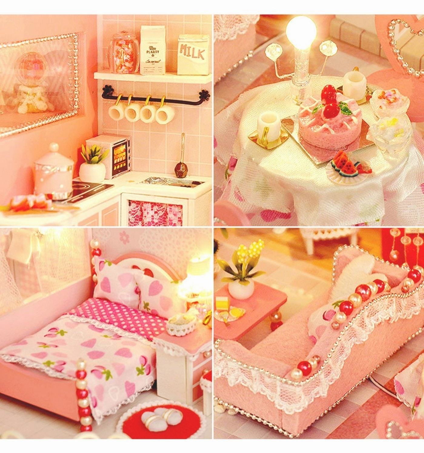 Dollhouse Miniatures Kit with Furniture LED Lights Dust Proof Miniature Wooden Model