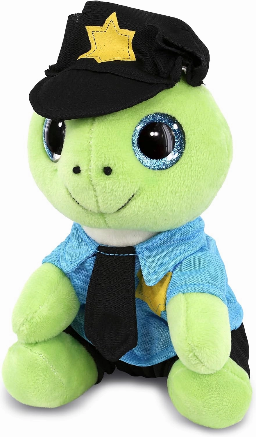 DolliBu Green Sea Turtle Sparkle Eyes Police Officer Plush Toy - Super Soft Turtle Cop Stuffed Animal with Cute Cop Uniform and Cap Outfit, Gift with Personalization - 8 inches